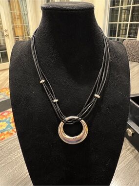 Chico’s Black Multi Strand Cord Silver Tone Circle Pendant Necklace